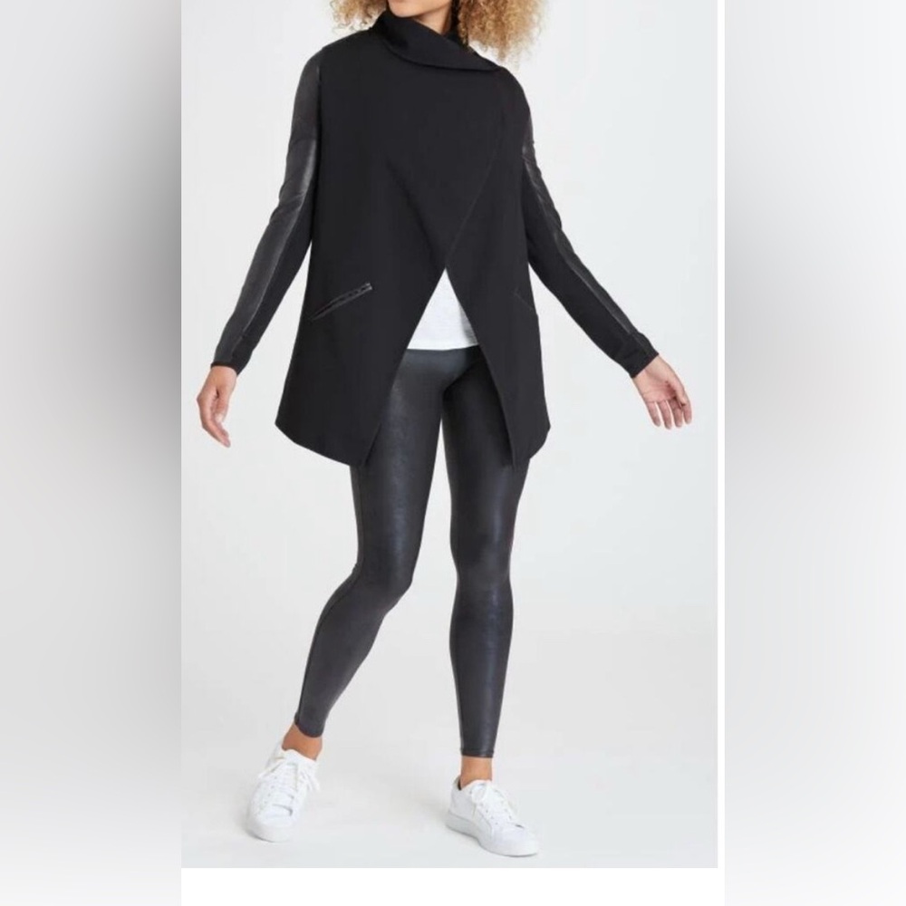 Spanx Drape Front Jacket Womens XS Black Ponte Fabric Faux Leather Vegan 50176R
